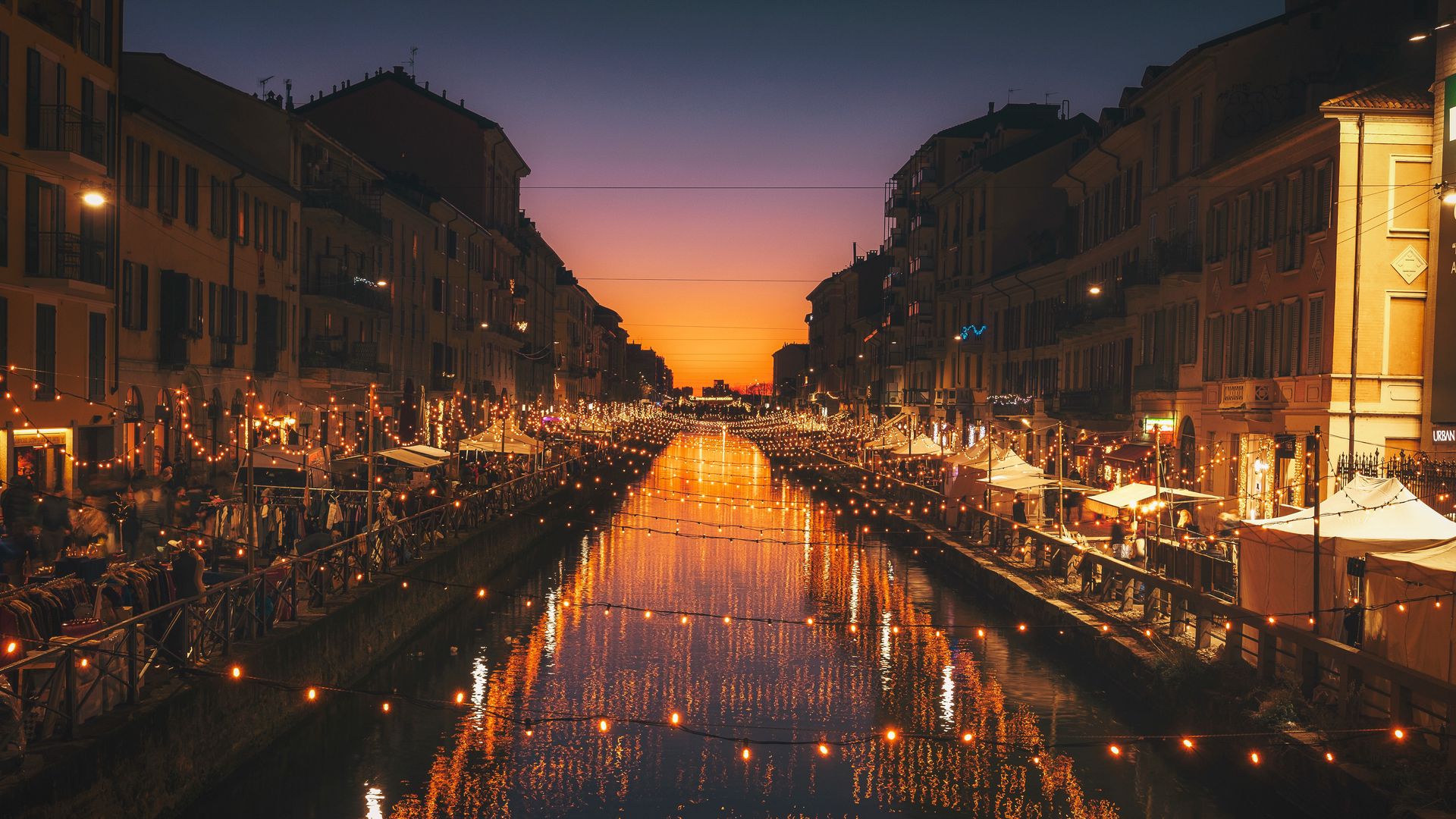 Milan canal at sunset with romantic lighting